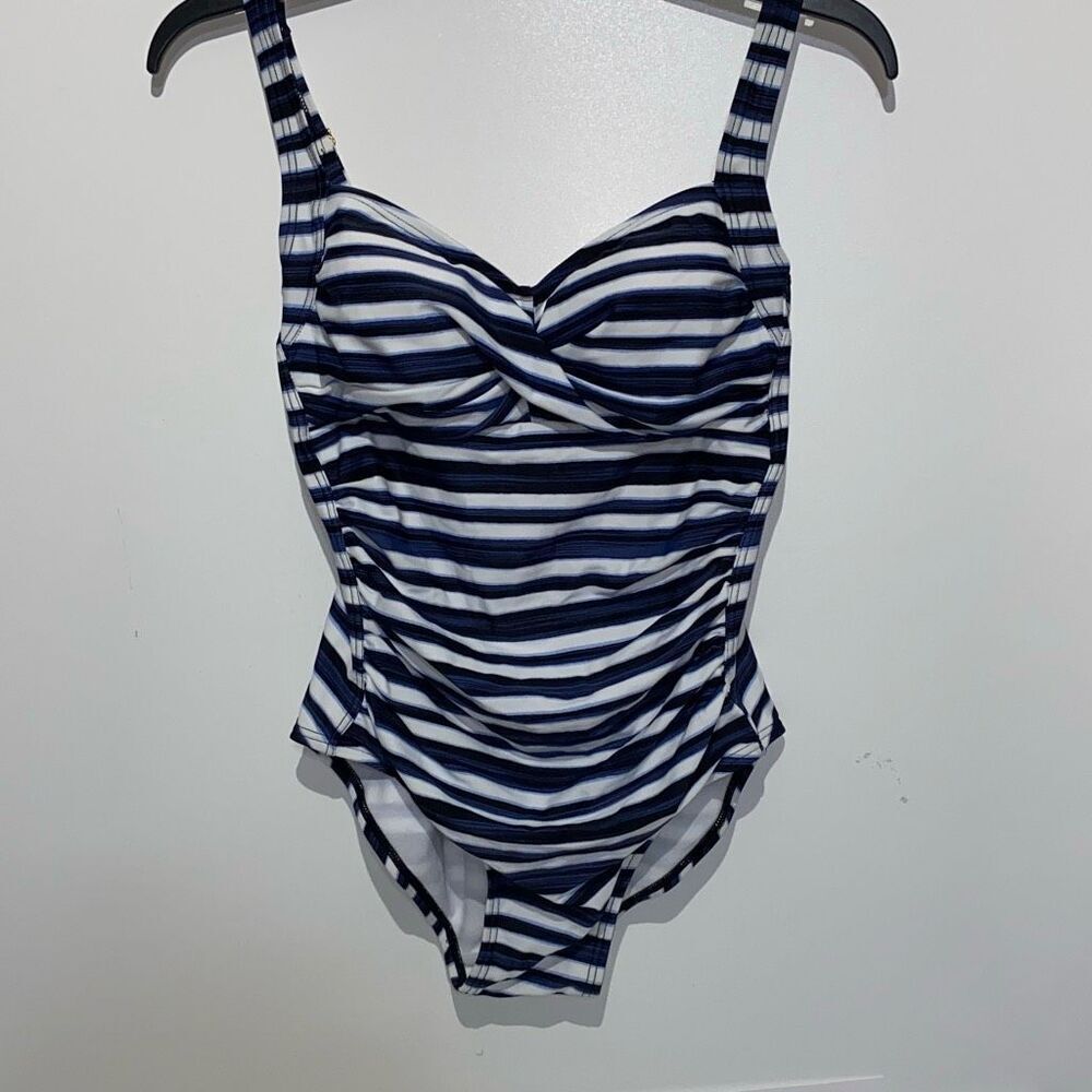 Shore Shapes‎ Women's Blue White Stripe Built-In Bra One-Piece Swimsuit Size 8